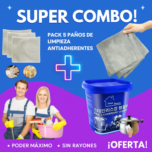 🧽✨ Pack de 5 Paños + Limpiador de Ollas 🫧